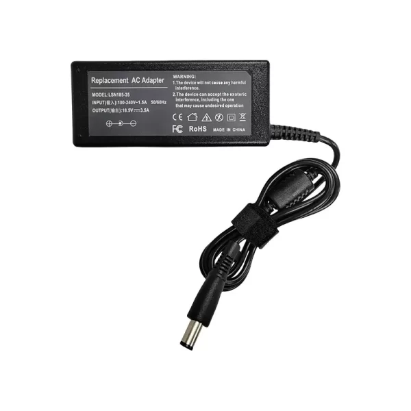 HP Laptop Adapter: 100-240V Input, 18.5V 3.5A Output, Voltage Regulation & Dual Protections