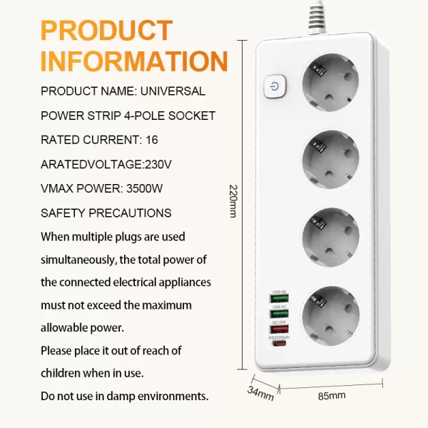 GaN 2500W Home Socket: 4 AC + Multiple USB Fast Charging, Widely Applicable to Devices - Image 3