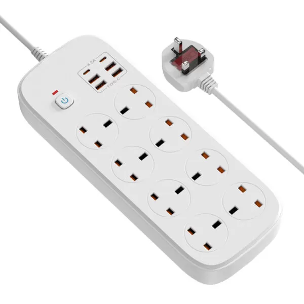OL UK High-Power Fast Charge Power Strip - 8 Sockets + 6 USB Ports, Safe & Durable for Heavy-Duty Appliances