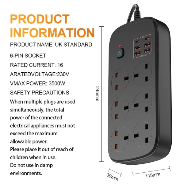 Wide - voltage Adaptable & Multiple Fast - charging British - standard Safety - protected Power Strip - Image 7